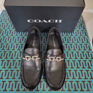 COACH Jess Black Leather Silver Chain Loafers Size 8.5
